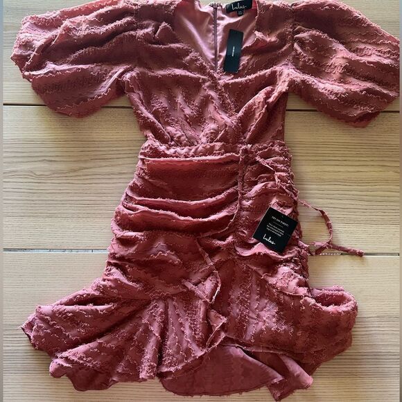 Lulu’s Cherish This Moment Rusty Rose Ruched Asymmetrical Mini Dress XS NWT - Picture 3 of 10